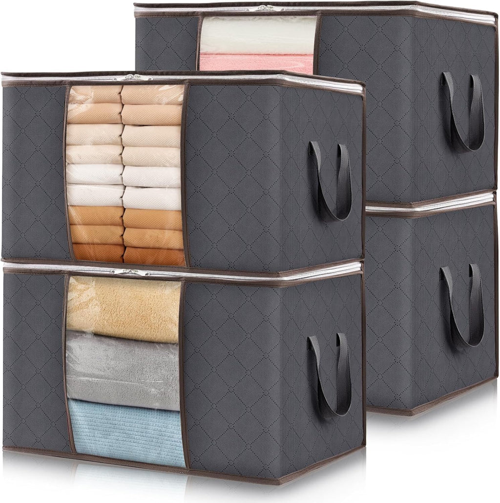 Skiennix Large Clothes Storage Bags - 4 Pack Foldable Organizers with Clear Window for Blankets & Seasonal Clothing | Gray