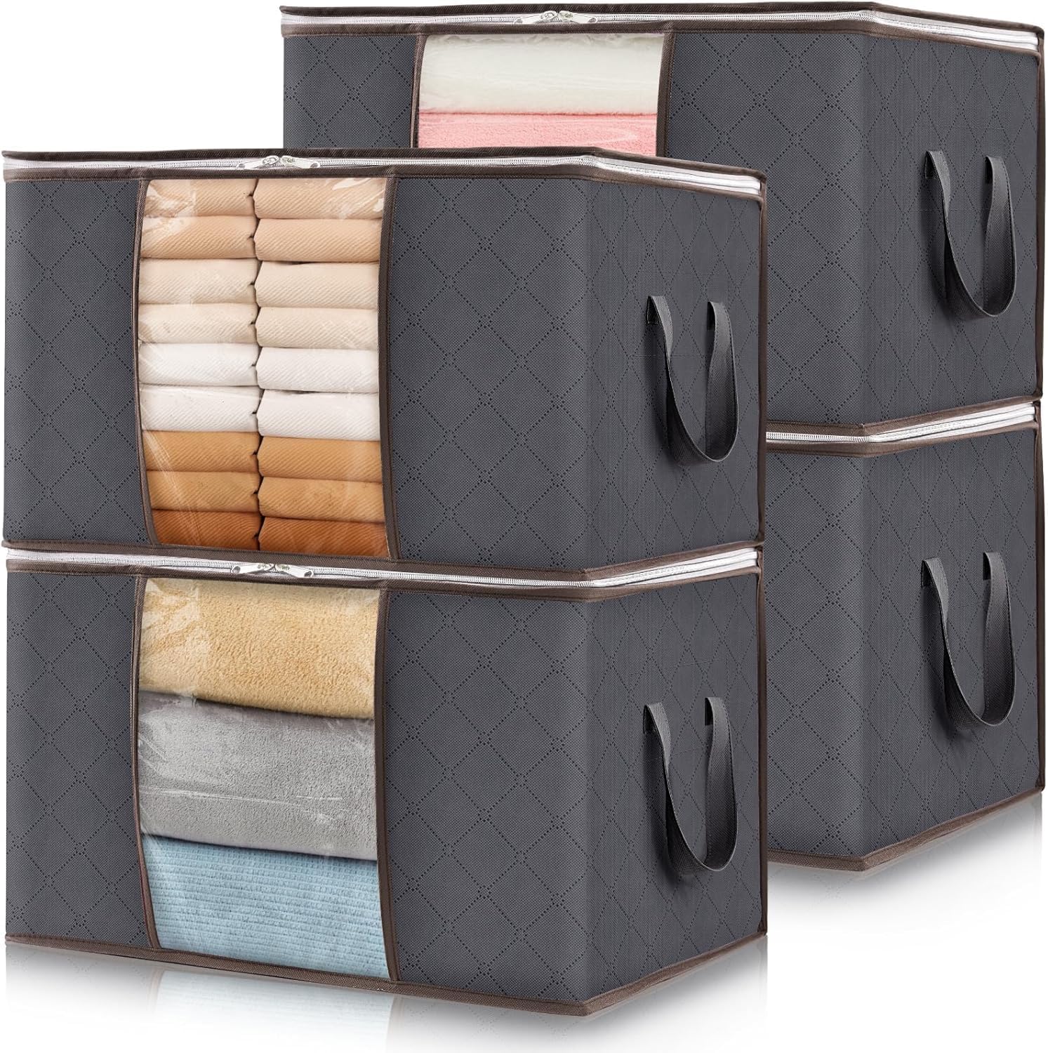 Skiennix Large Clothes Storage Bags - 4 Pack Foldable Organizers with Clear Window for Blankets & Seasonal Clothing | Gray