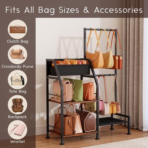 Homsorout Purse Organizer for Women - 3-Tier Storage Stand with 12 Fixed Hooks | Space-Saving Black Rack