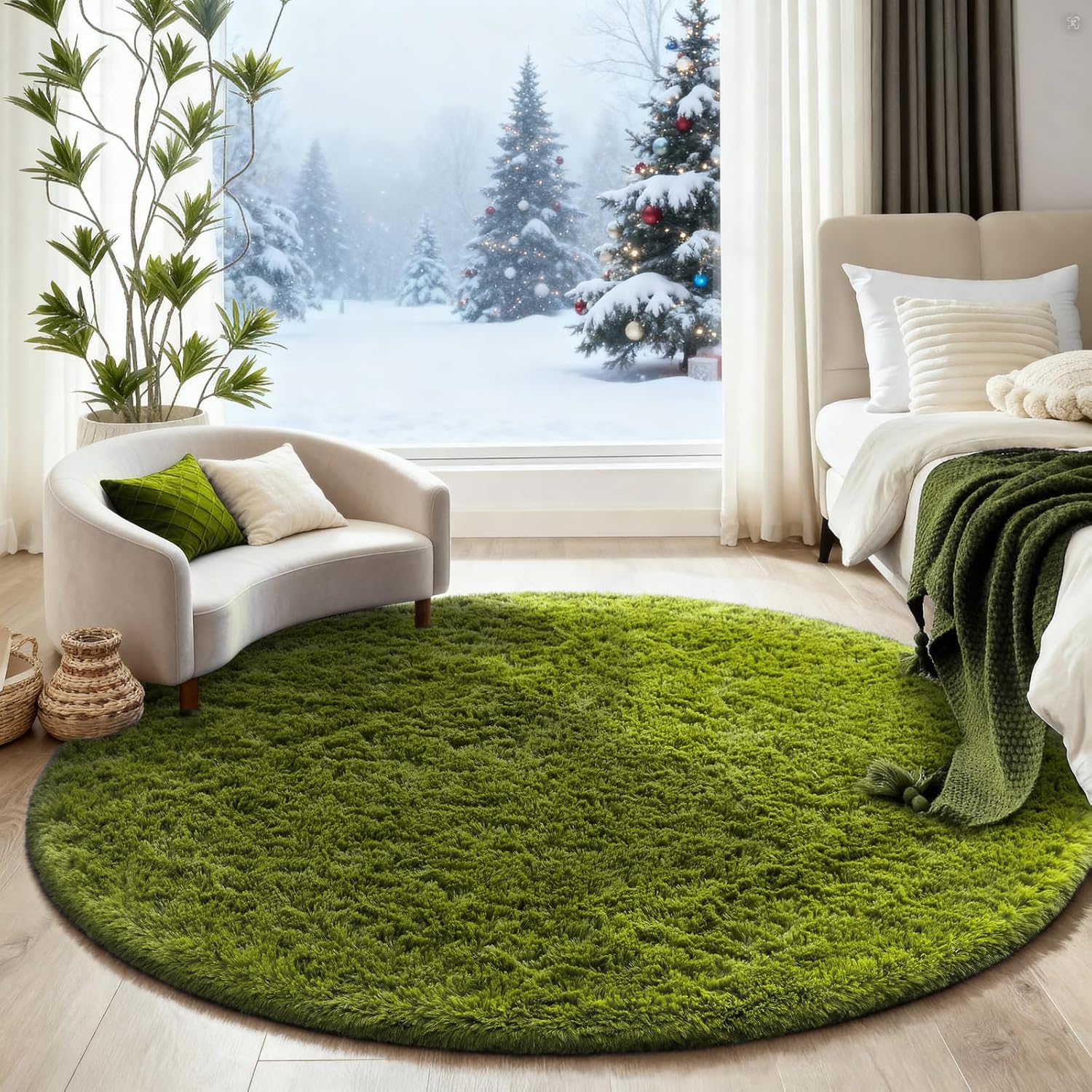 Ophanie Round Rug - 6Ft Green Circle Area Rug | Plush Soft Shaggy Carpet for Kids' Room Decor