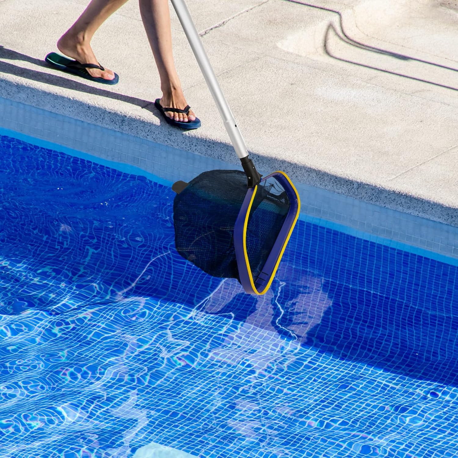 Poolvio Pool Deep Skimmer Net - Adjustable 3ft to 10ft Aluminum Pole & Fine Mesh Bag for All Pools
