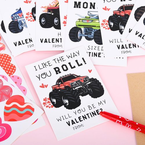 VIZAUZIE Monster Truck Valentines Cards for Kids - 48 Packs Valentine Day Cards Classroom for Boys - School Valentine's Card Bulks with Envelopes & Heart Stickers