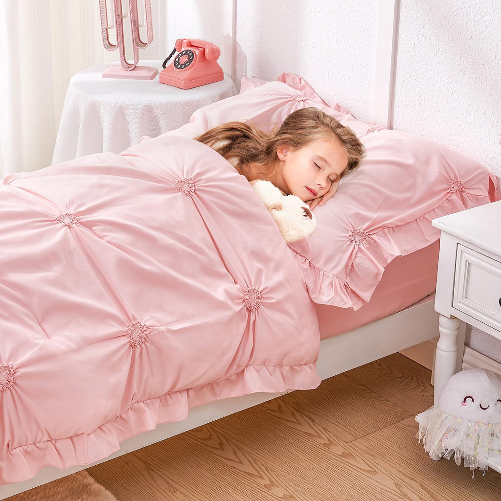 Wowelife Princess Toddler Bedding Set for Girls, Boho Toddler Bed Set, 4 Pieces Ruffles Jacquard Embroidery Toddler Comforter with Comforter, Fitted Sheet, Flat Sheet and Pillowcase, Pink