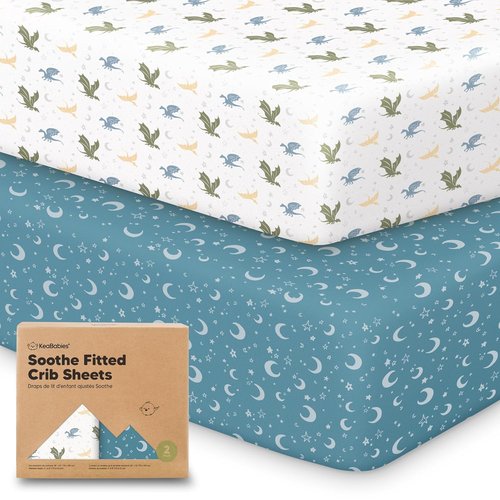 KeaBabies Organic Crib Sheets - 2-Pack Fitted Jersey Cotton for Boys & Girls | Soft, Breathable, Cute Prints (Dragon Tale) 52x28