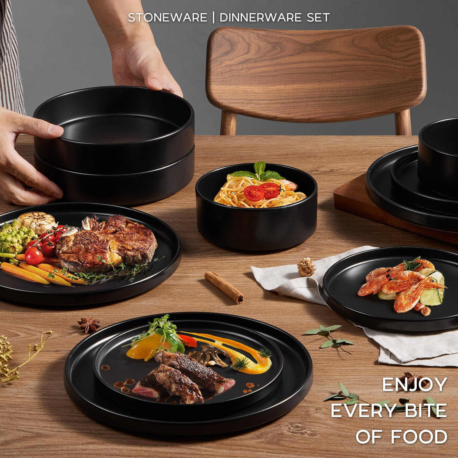 Onader 16 Piece Dinnerware Sets with Serving Bowls for 4, Stoneware Plates and Bowls Dish Sets, Ceramic Dinner Ware Dishware for Kitchen Dining, Chip & Scratch Resistant - Ebony Black