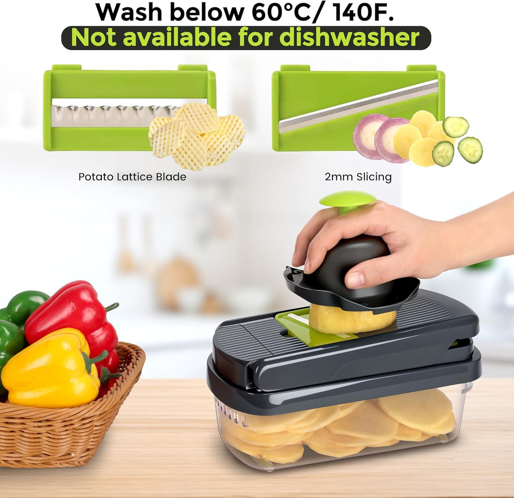 Yusshn Vegetable Chopper - 12-in-1 Multifunctional Food Chopper with 7 Blades | Grey Kitchen Essential