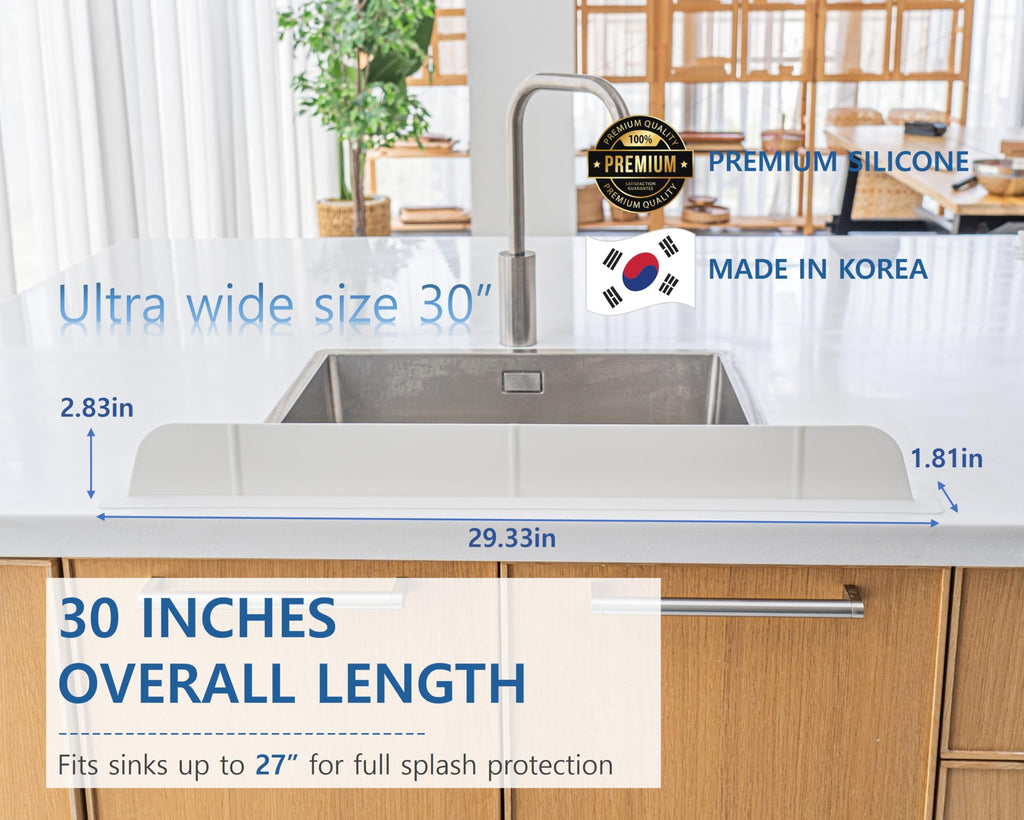 30 inch(75cm) Premium Kitchen Sink Silicone Water Splash Guard Size Upgrade 30" and new Package - NO Suction Cups, Ultra Wide 30" - Made in Korea (Ultra Wide Eco White)