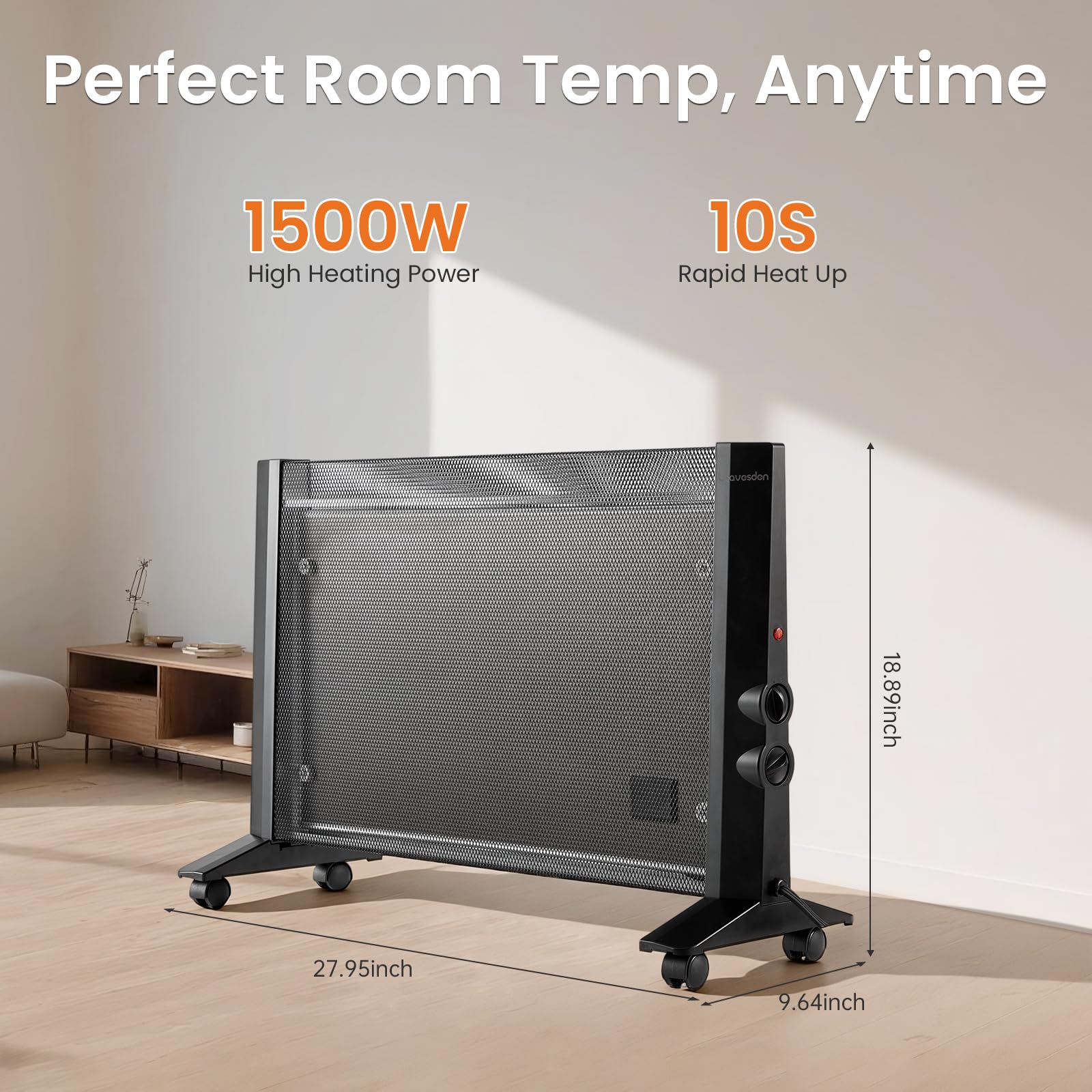 Space Heater for Indoor Use Large Room, 1500W Infrared Electric Room Heater for Bedroom Office, Overheating & Tip-Over Protection