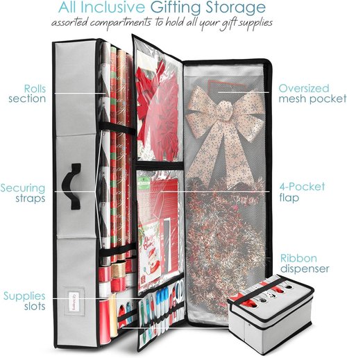 Hearth & Harbor Wrapping Paper Storage Container - Christmas Gift Wrap Organizer with Ribbon Dispenser | Holds 26 Rolls Up to 40" Long, Silver