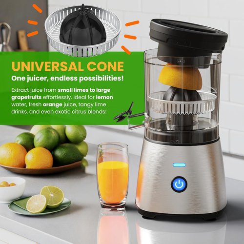 Eurolux Electric Citrus Juicer - Premium Stainless Steel One-Touch Squeezer | Quiet, Easy to Clean Kitchen Appliance for Oranges, Lemons, Limes