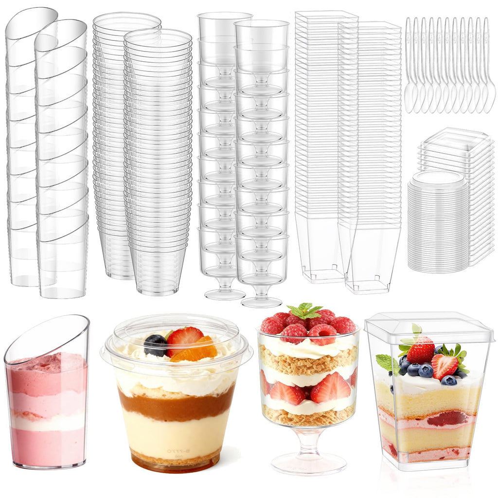 mwellewm 400 Pcs Dessert Cups with Lids and Spoons, 5 OZ Parfait Cups 3 OZ Plastic Desert Cups Clear Mini Shooter Cups for Party Reusable Small Appetizer Serving Fruit Cup Ice Cream Cake Pudding