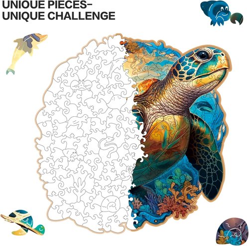 Coral Sea Turtle Jigsaw Puzzle by Wooden Puzzle - 200 Pieces | Fun Family Game Gift, Unique Shape, 11 x 11 Inch