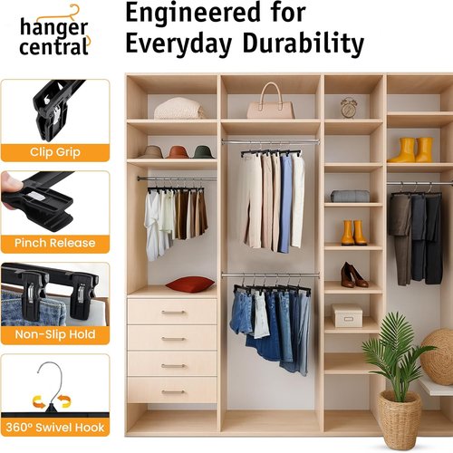 Hanger Central 30 Pack Pants Hangers - Heavy Duty Slim Plastic Clips for Skirts & Pants | Black, 10 Inch