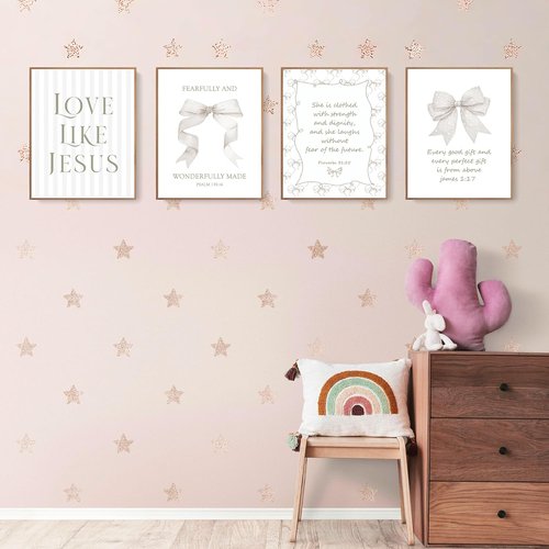 LARTSFRO Coquette Beige Bow Wall Art Decor - Inspirational Christian Posters for Teen Girls | Set of 4 Unframed 10x8 Inch