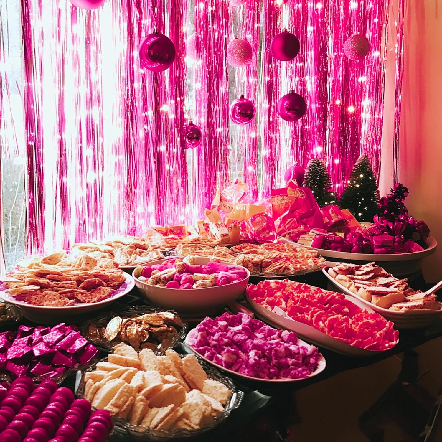 PartyWoo Hot Pink Foil Fringe Curtain - 3pcs 8.2ft Tinsel Backdrop for Birthday & Bachelorette Parties