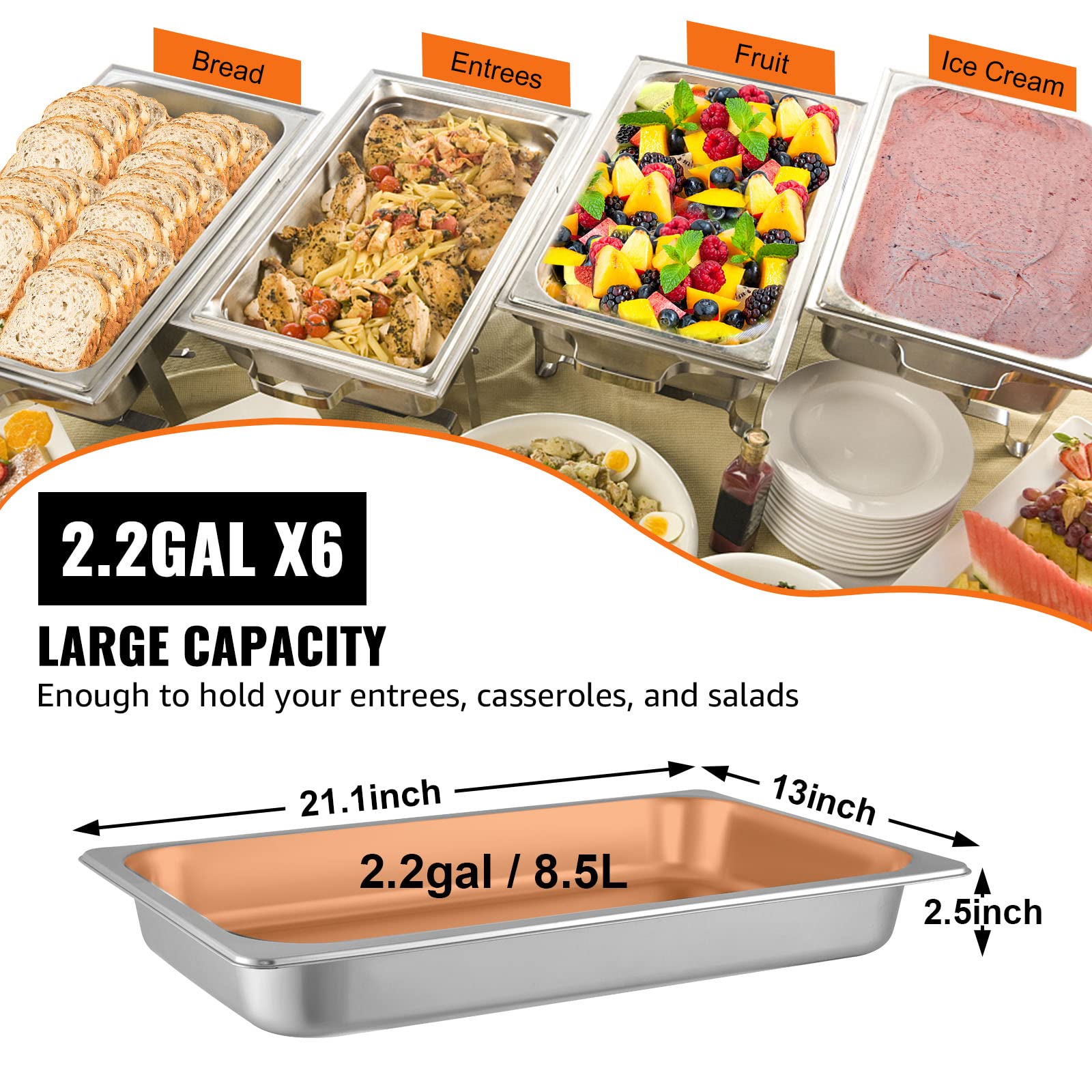 VEVOR Hotel Pans Full Size 2.5 Inch Deep, Steam Table Pans 6 Pack,0.8mm Thick Stainless Steel Hotel Pan Anti Jam Steam Table Pan, for Home, Party, Restaurant, Hotel, Buffet