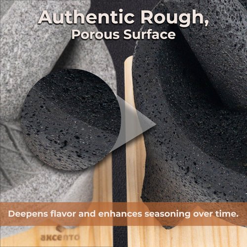 Axcento Molcajete Mexicano 8-Inch Guacamole Bowl with Pestle and Mortar Bowl Set, Volcanic Rock Molcajete, Oven Safe, Handmade in Mexico, Includes Cutting Board and Instructions, 750ml - Black Stone