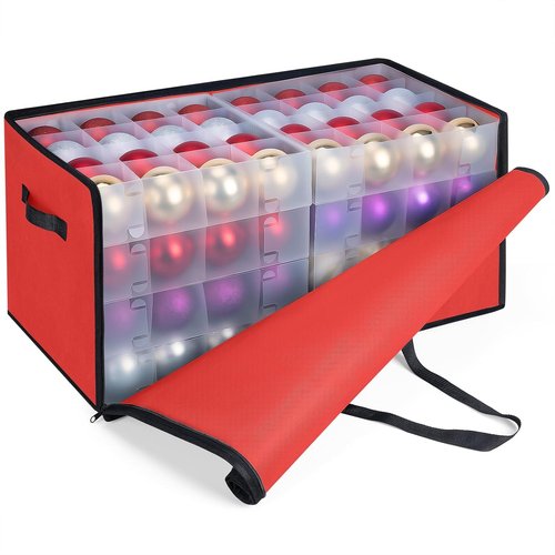 BALEINE Christmas Ornament Storage Box - Premium Holiday Container with Dividers for 128 Balls | Red Soft Design