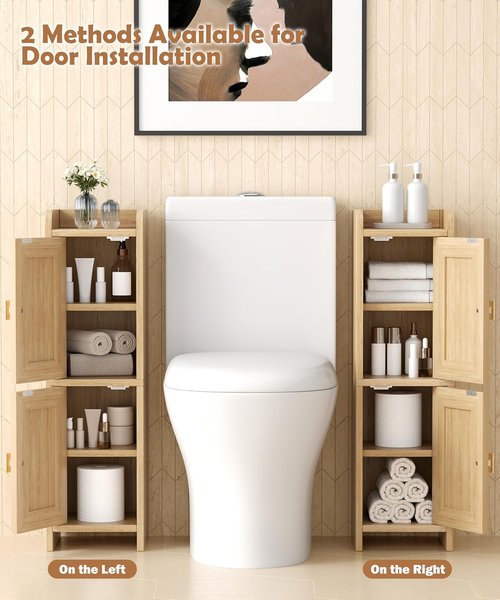 Akxomel Rattan Small Bathroom Cabinet - 2 Doors, Narrow Storage Solution for Small Spaces | Natural Oak Finish, 7.9''D x 7.9''W