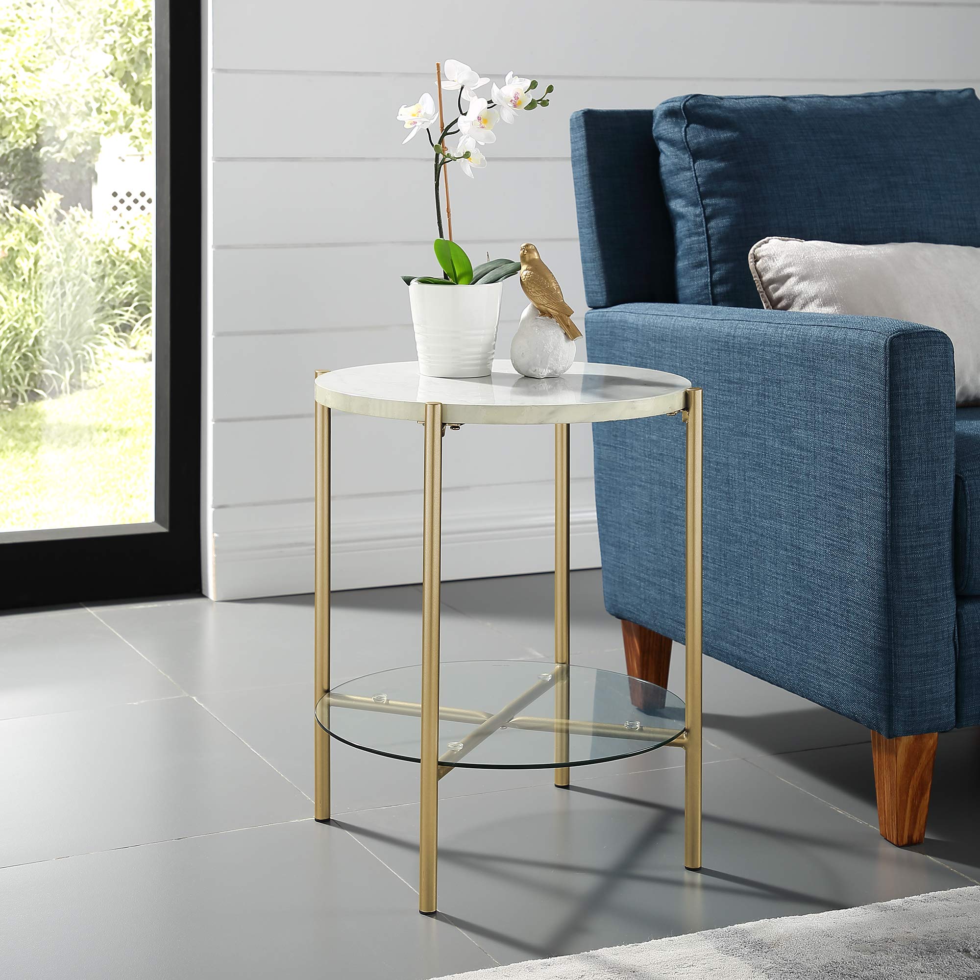 Walker Edison Blaine Mid Century Modern Marble and Glass Round Accent Table, 20 Inch, Marble and Gold
