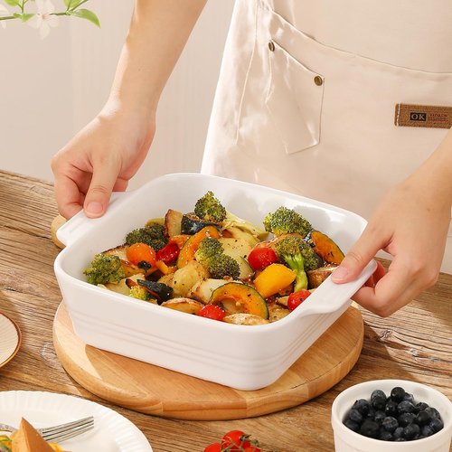 DOWAN 8x8 Ceramic Baking Dish - Square Casserole Pan with Handle for Lasagna & Brownies | 2 Quart, White