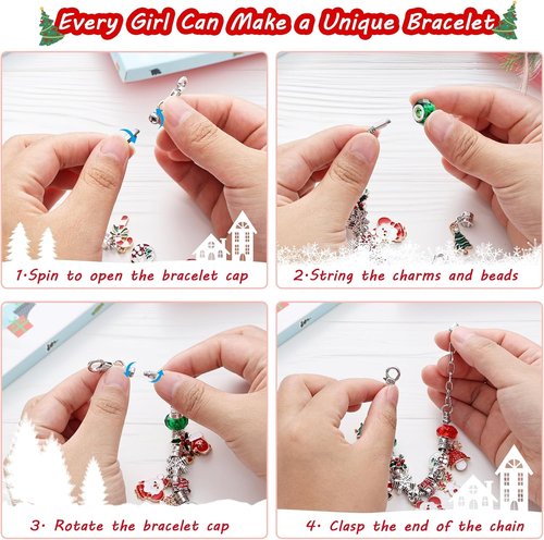 Christmas Advent Calendar - 24-Day Countdown with 2 DIY Charm Bracelets for Girls & Women