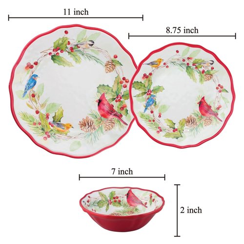 UPware 12 Piece Winter Birds Melamine Dinnerware Sets, Outdoor Dishes Set, Plates and Bowls Sets, Christmas Decorations, Service for 4, Red