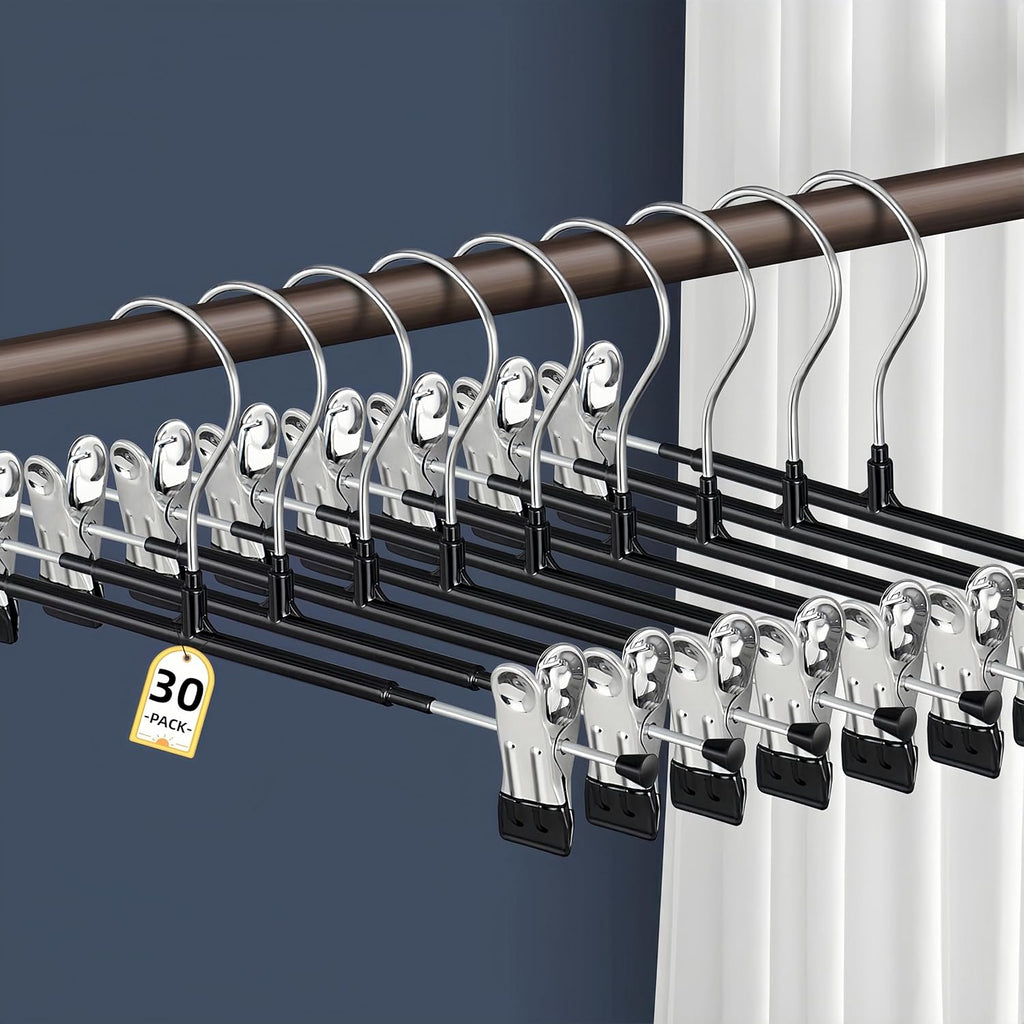 Skiennix 30-Pack Adjustable Pants Hangers - Heavy Duty Non-Slip Clips for Skirts & Trousers | Black