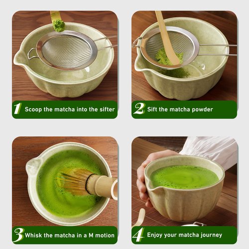 Renmxj Matcha Whisk Set,7 PCS Ceramic Matcha Kit Includes Matcha Bowl with Spout, Matcha Whisk and Holder, Bamboo Scoop, Stainless Sifter, Towel, Unique Gift for Matcha Lovers (Matcha Green)