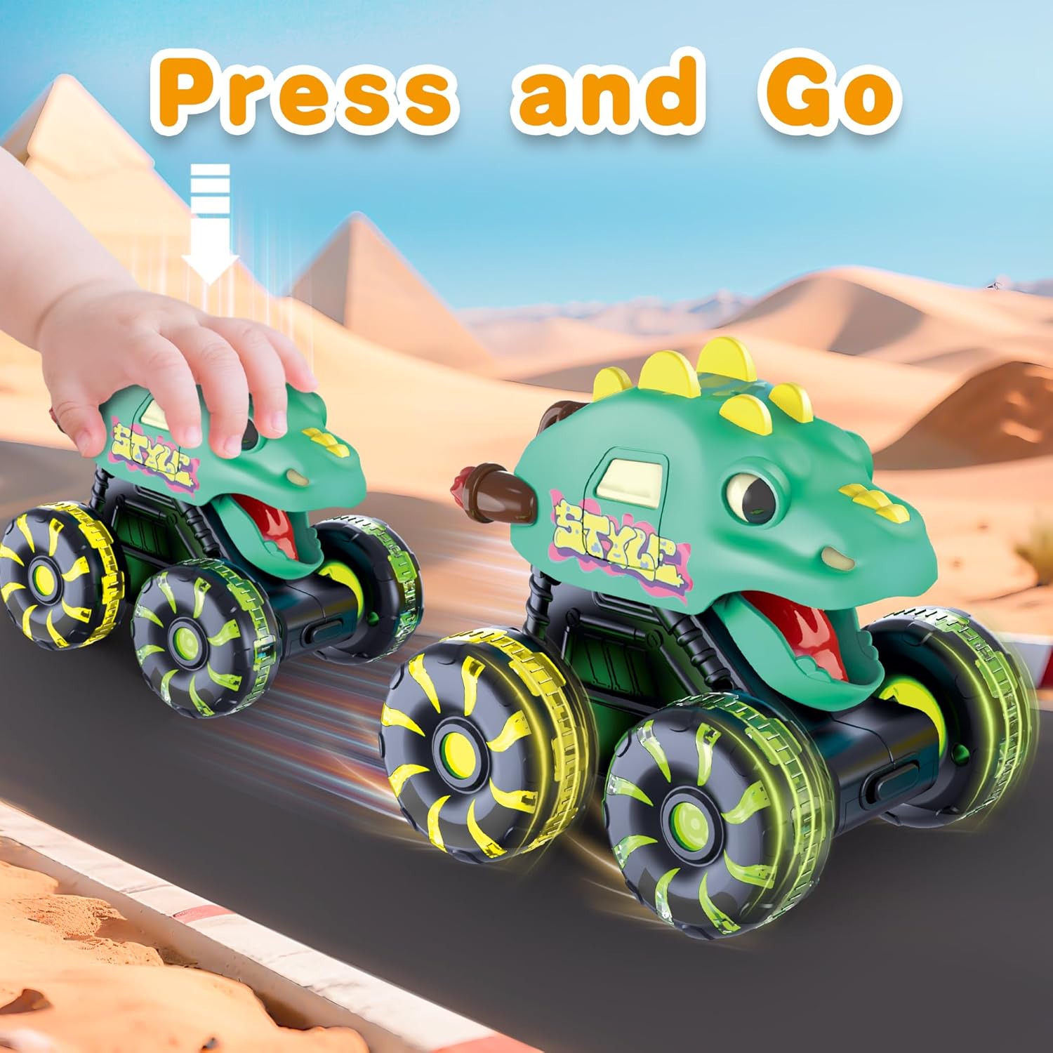 Skiennix Dinosaur Monster Truck Toys - Light-Up LED Wheels | 3-Pack for Toddlers & Kids