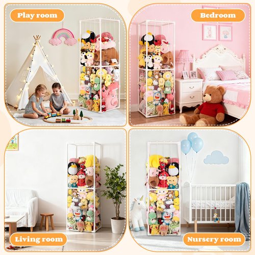 Stuffed Animal Storage,PVC Tube Zoo Stuffed Animal Holder with Elastic Band,Space Save Vertical Kids Plush Toy Organizer,Ideal for Boys Girls Nursery Playroom Kidroom Bedroom-White