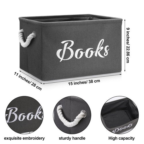 Yungyan 2 Pcs Book Toys Storage Bin for Shelves Toys Cloth 15 x 11 x 9 Book Toys Storage Basket Organizer with Handles Collapsible Bin for Bedroom(Gray,Books)