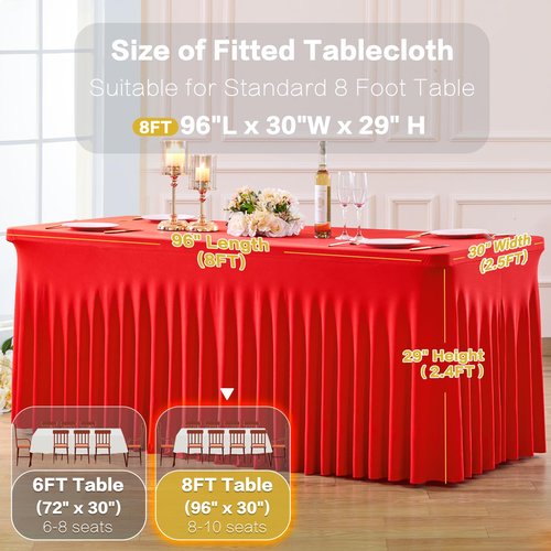 2 Pack Red Table Cloth for 8 Foot Rectangle Tables Spandex Fitted Tablecloth 8ft Stretch Table Covers Skirt Red Banquet Tablecloths Wrinkle Free Tablecloth for Party Wedding Birthday Event