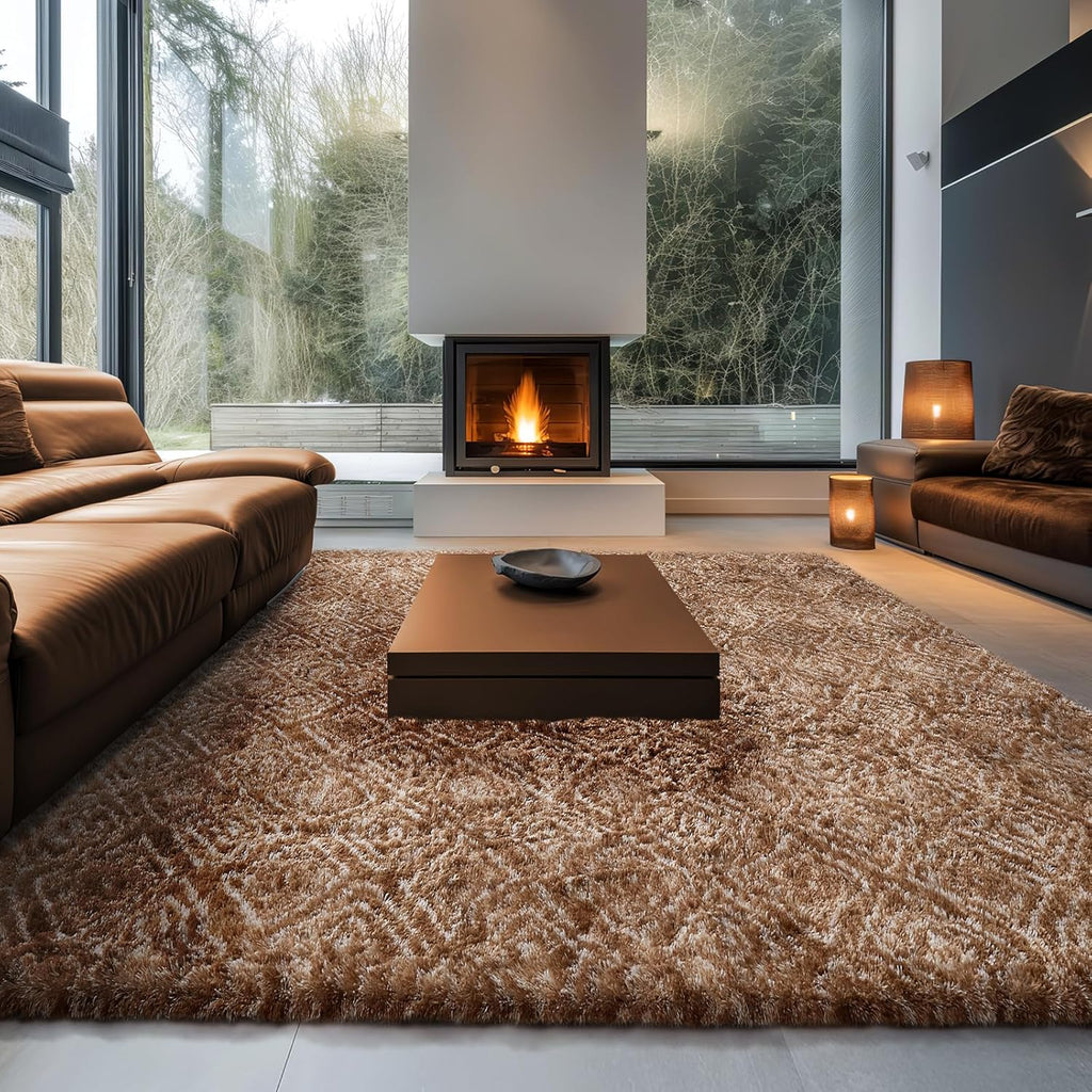 Ophanie Brown & White Diamond Striped Area Rug - Fluffy Shag Soft Carpet for Living Room 9x12