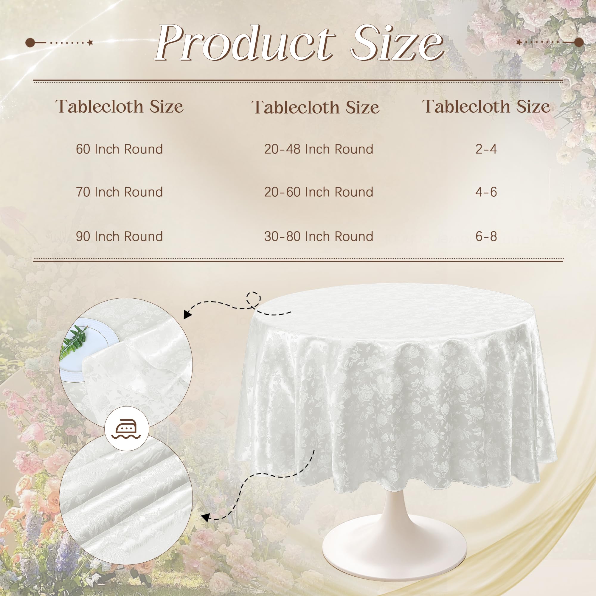 Cobedzy White 60" Round Satin Tablecloth, Jacquard Stain Resistant Table Cloths Wrinkle Free Tablecloth, Silkly Soft Table Cover for Dining Room/Party/Wedding/Banquet/Events