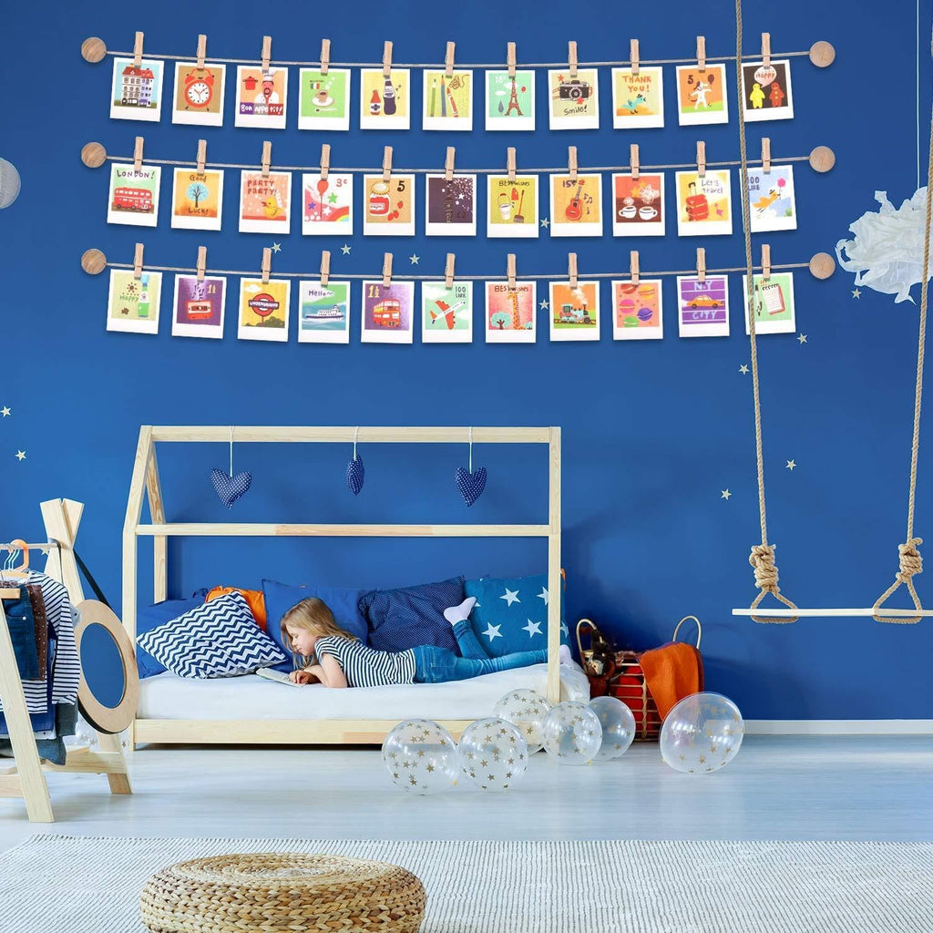 Mudder Photo Display String - 50 Clip Boho Wooden Wall Decor for Dorm Room & Teen Bedroom