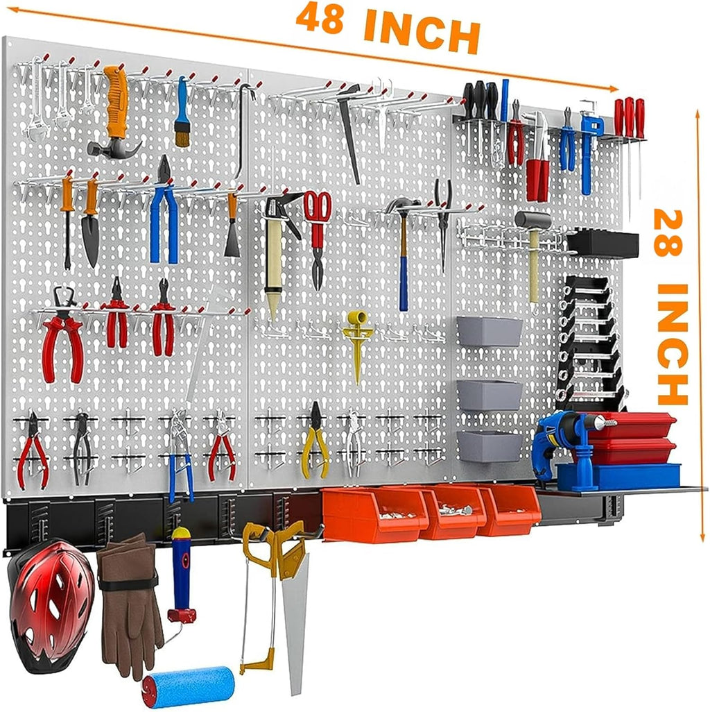 TORACK 109 PCS Pegboard Wall Organizer - 4 ft Metal Tool Storage Kit with Hooks & Bins