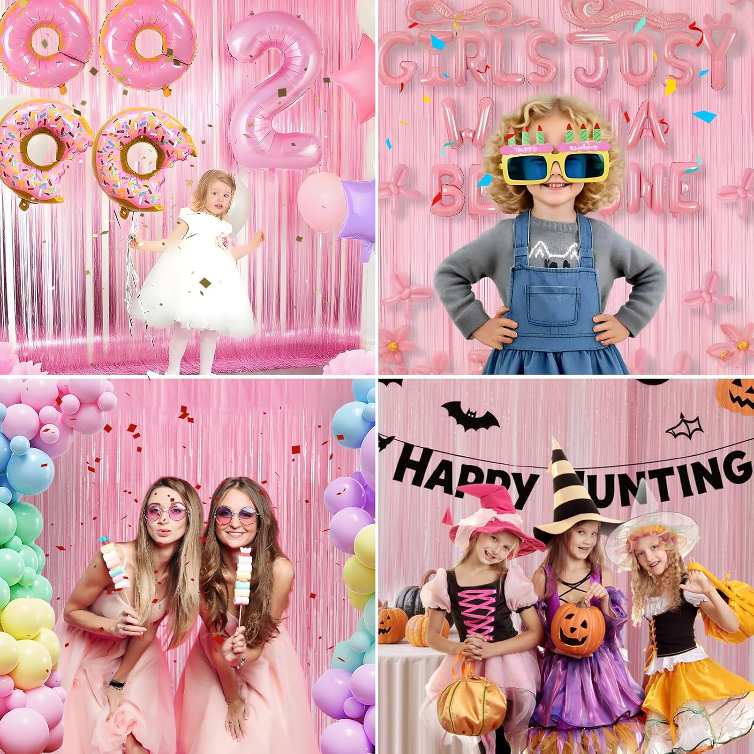 Skiennix Pastel Pink Birthday Party Backdrop - Foil Fringe Curtain 3.3x8.2ft | 2 Pack Streamers for Baby Showers & Bachelorette Celebrations