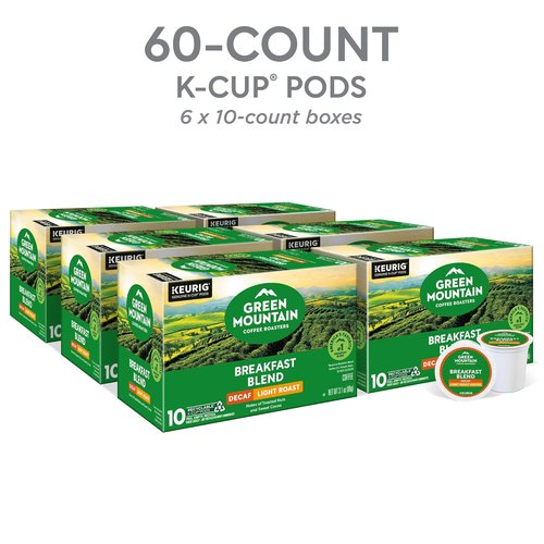 Green Mountain Coffee Roasters Decaf Breakfast Blend K-Cup Pods - Light Roast, 60 Count (6 Packs of 10)