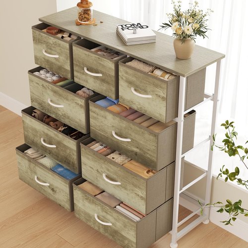 DUMOS 9 Drawer Dresser for Bedroom, Fabric Storage Organizer with Sturdy Metal Frame, Wooden Top Chest of Drawers for Closet Entryway Guest Room,Gold