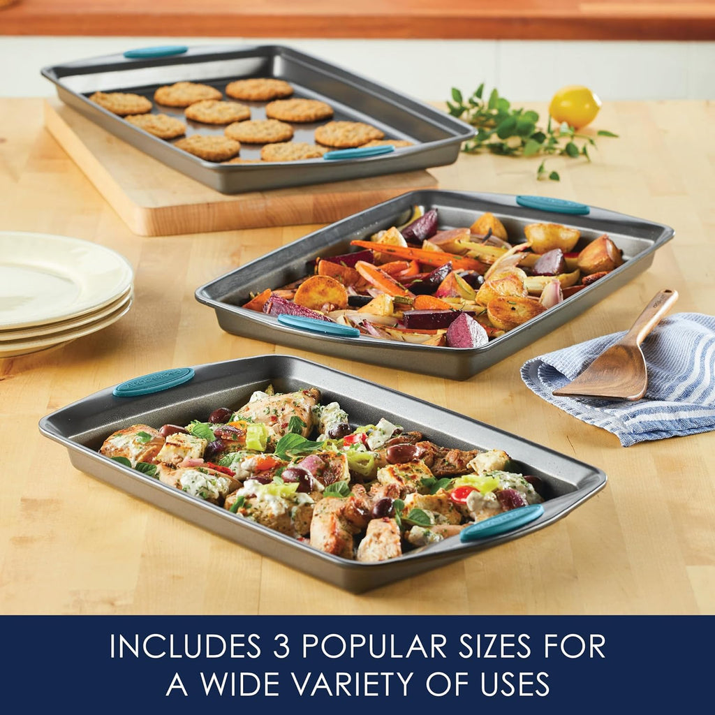 Rachael Ray Bakeware Nonstick Cookie Pan Set - 3-Piece Gray with Agave Blue Grips