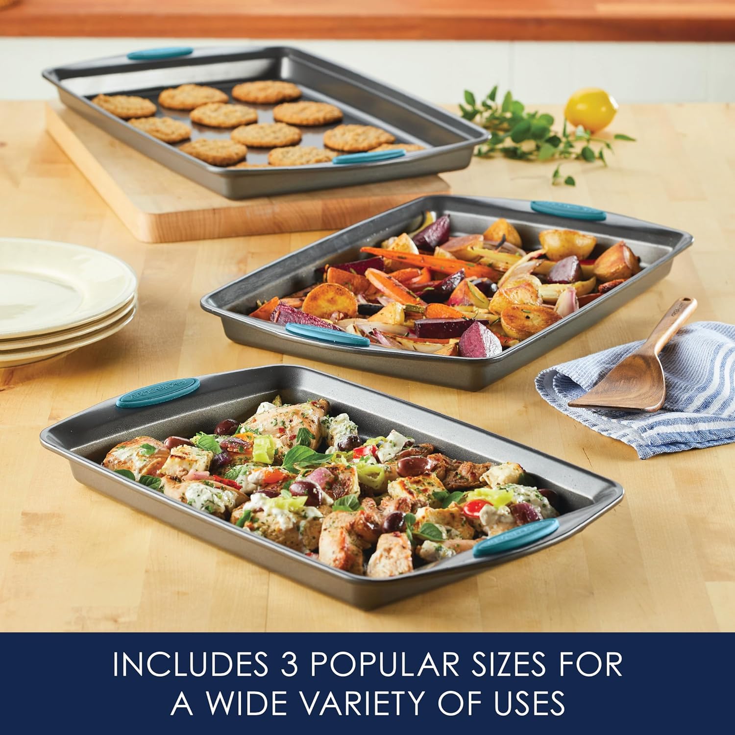 Rachael Ray Bakeware Nonstick Cookie Pan Set - 3-Piece Gray with Agave Blue Grips