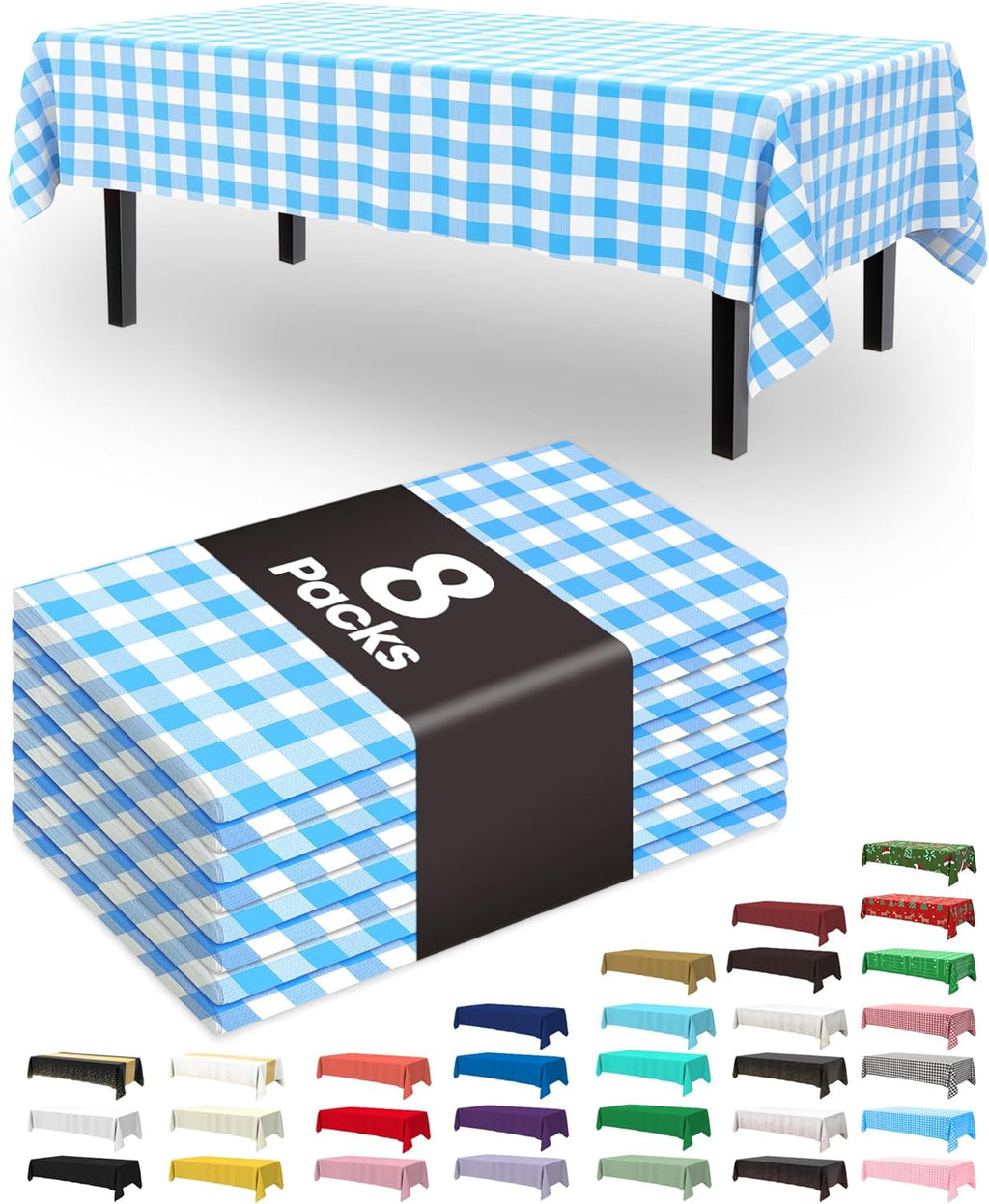 Pureegg Disposable Table Cloths - 8 Pack, 54 x 108 Inch, Leakproof Blue & White Gingham for Parties & Picnics