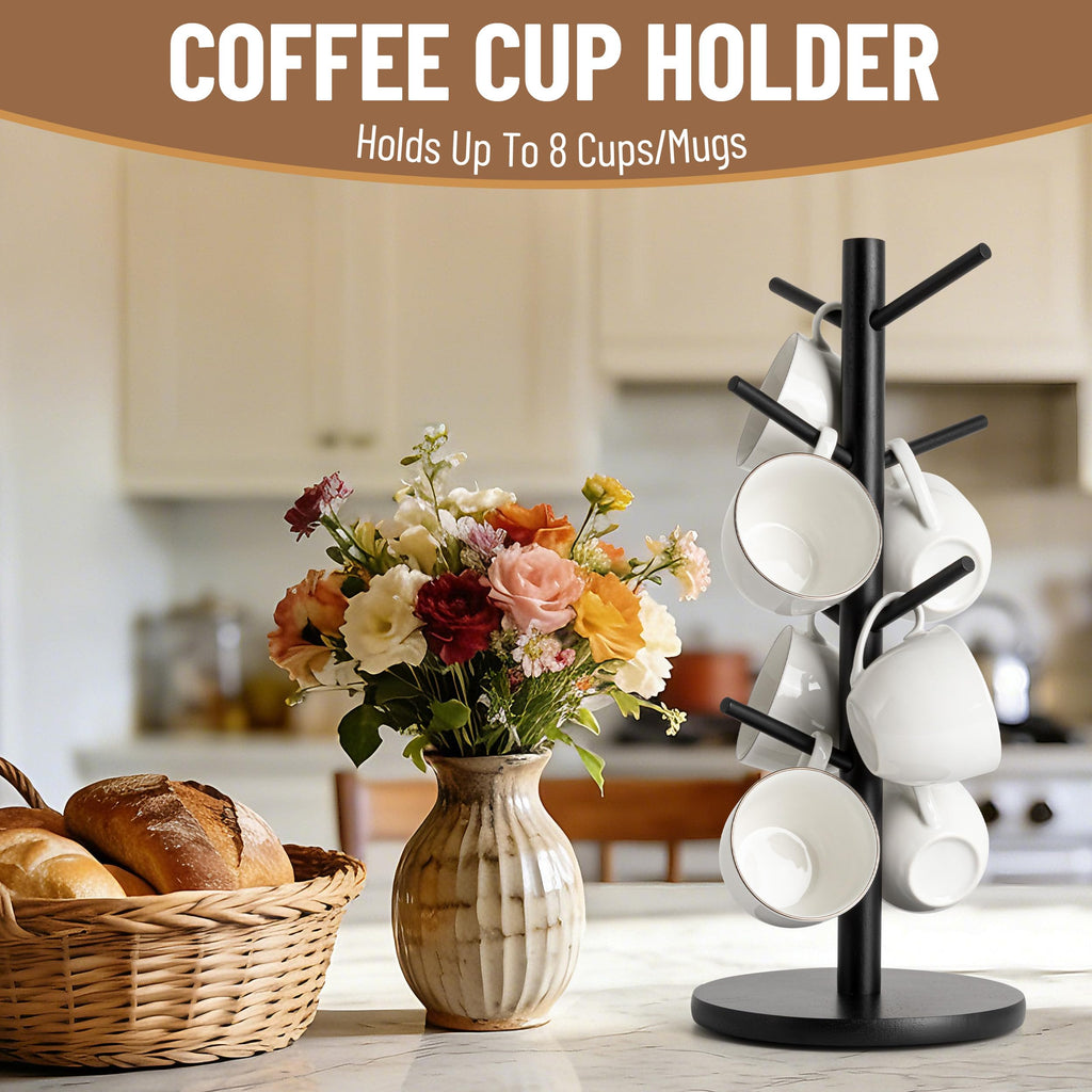 MyLifeUNIT Mug Holder Tree, 360° Rotated Coffee Cup Holder with 8 Hooks, Wooden Mug Rack Stand for Counter Top, Coffee Bar Accessories (Black)