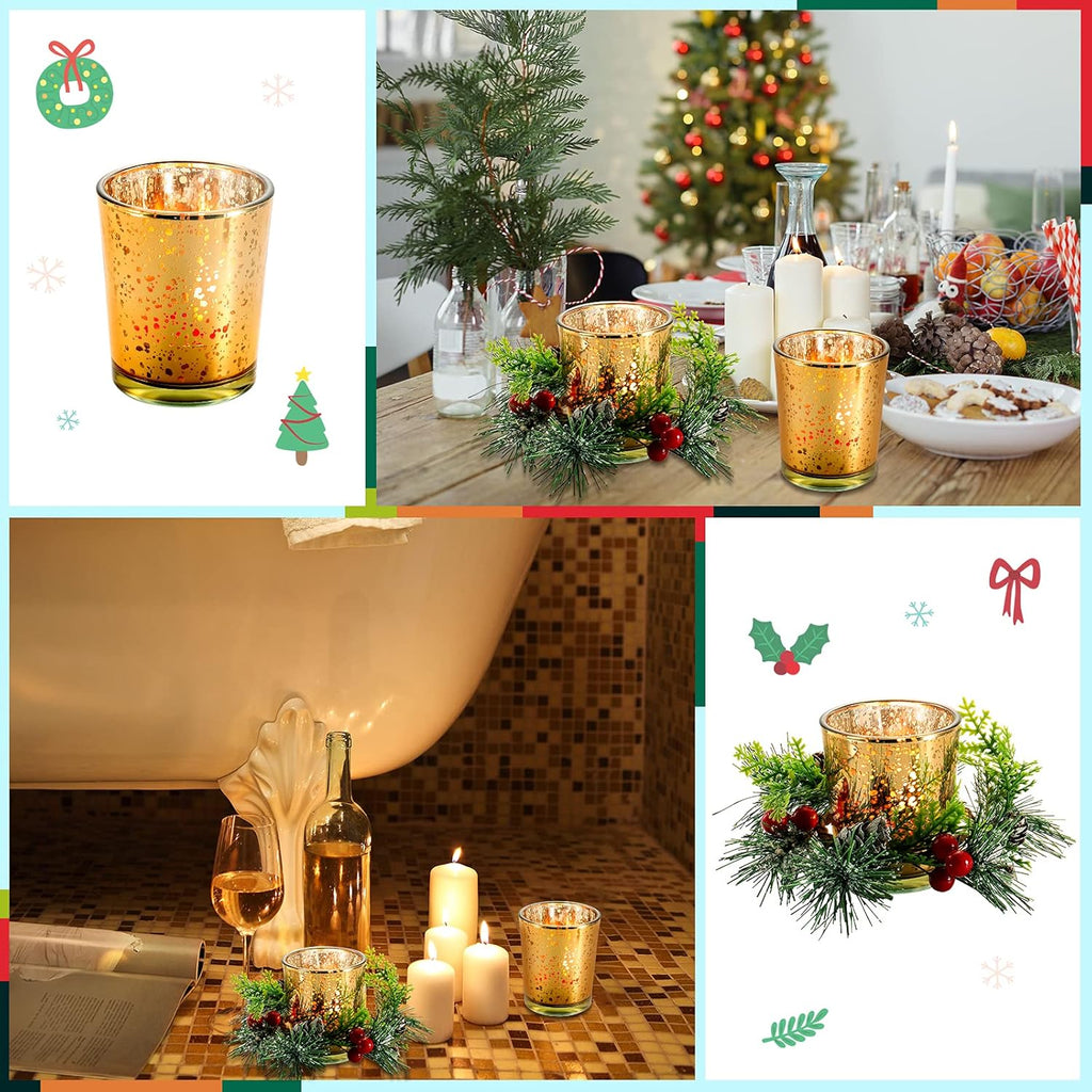 Skylety Christmas Votive Candle Holders - 4 Pack Glass Tealight Holders with Red Berry Wreaths for Holiday Decor