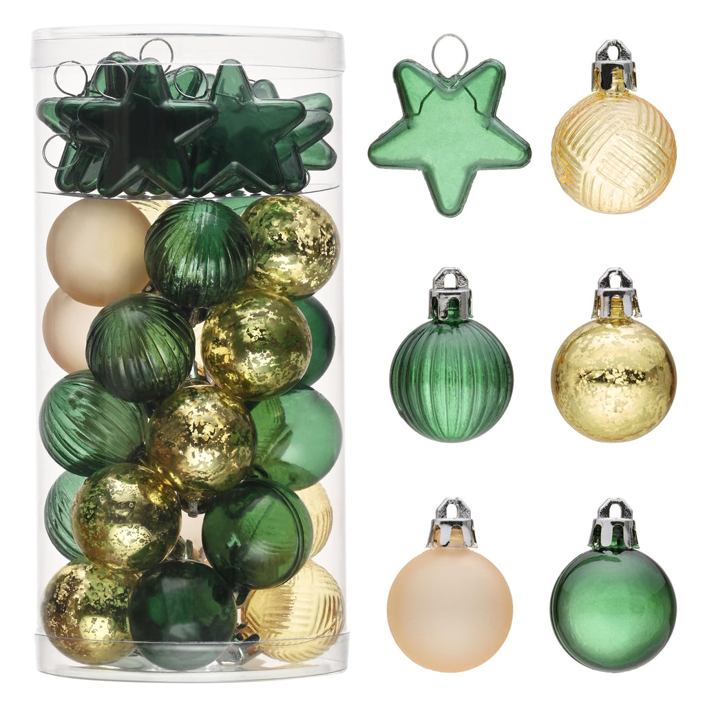 DecorbyHannah Mini Christmas Tree Ornaments, 35ct 1.18inches Green Gold Christmas Ball Ornaments for Tree Decorations, Small Clear Shatterproof Plastic Hanging Balls Bulk for Xmas, Party, Wedding