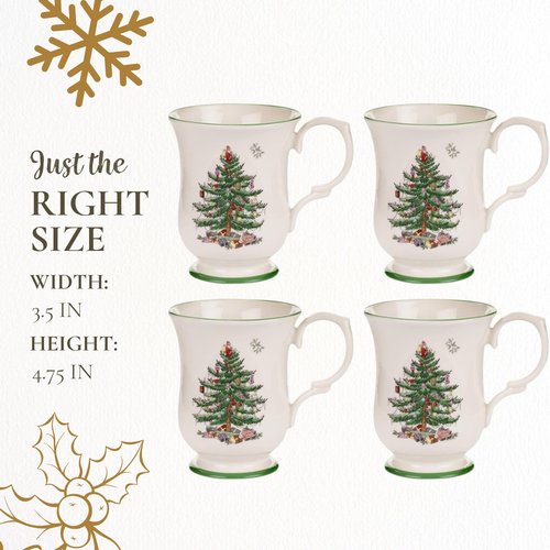 Spode Christmas Tree Footed Mug - 12 Oz Festive Mug for Coffee, Hot Cocoa, Lattes - Romantic Shape with Santa Design, Porcelain Mug - Dishwasher, Microwave, & Freezer Safe, Gift-Boxed (Set of 4)