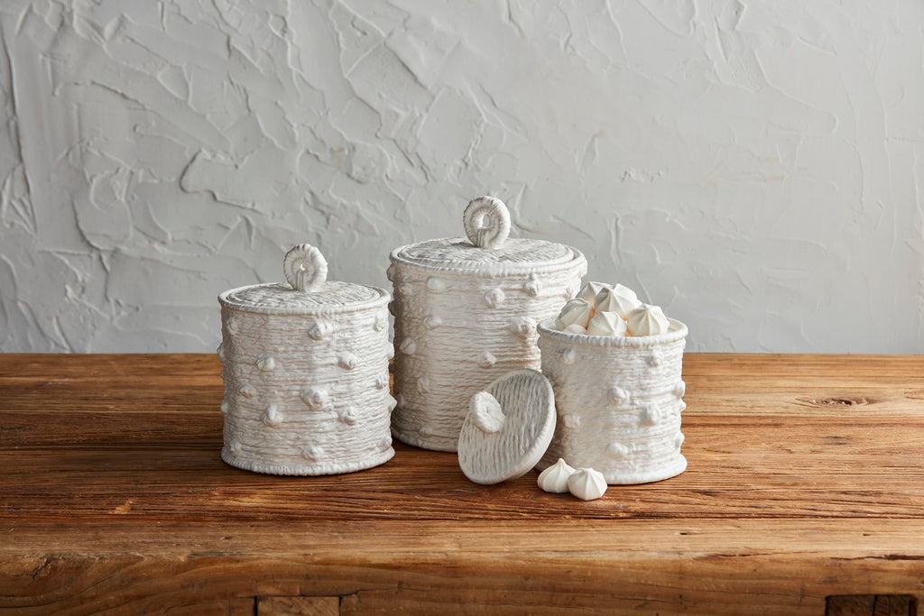 Mud Pie Woven Ceramic Canister Set; Small 5 3/4" x 4 1/2" Dia | Medium 6 3/4" x 5 1/2" Dia | Large 7 3/4" x 6 1/2" Dia