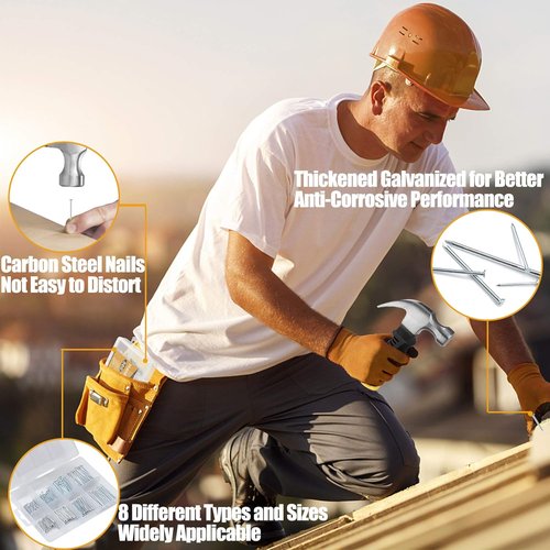 KURUI 700PC Nail Assortment Kit - 8oz Hammer for Wall Art & Picture Frame | 350 Roofing & Finishing Nails