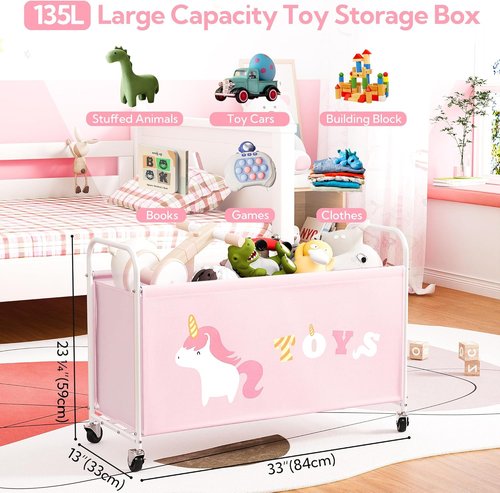 Granny Says Toy Box - Extra Large 135L Kids Storage Chest with Wheels | Pink Metal Organizer for Toys